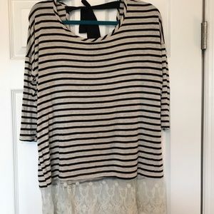 Black and Tan striped tee with lace trim detail